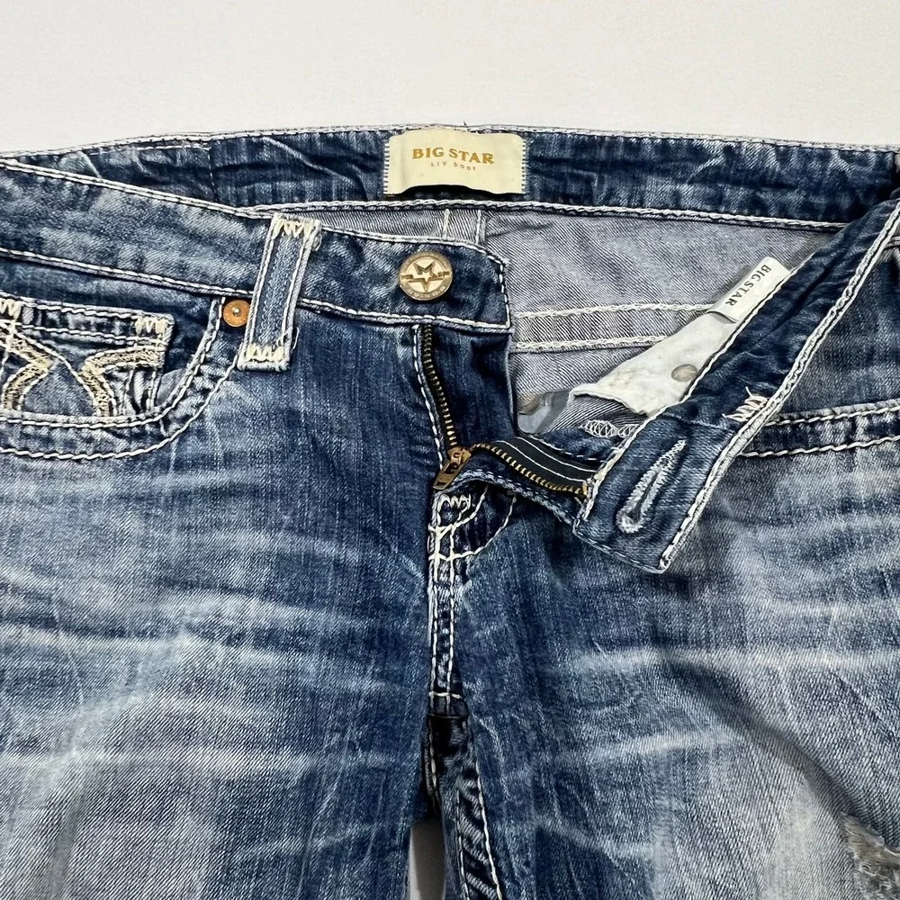 Big Star Liv Bootcut Jeans Distressed Low Rise Blue Denim Womens 27L Fits 29L - Picture 12 of 15
